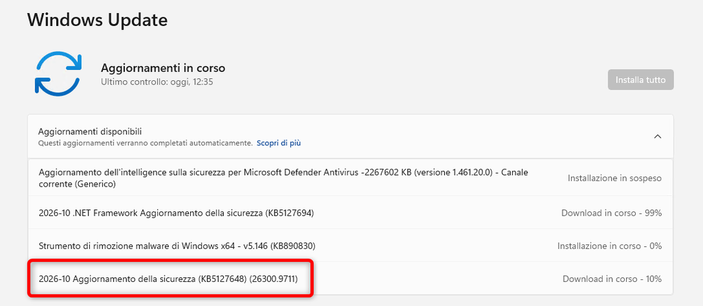 Cronologia di Windows Update con l'aggiornamento cumulativo KB5127648 di ottobre 2026 su Windows 11 26H2 - 26300.9711
