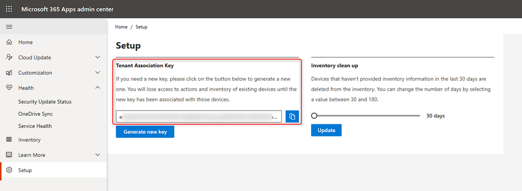 Sezione Setup di Microsoft 365 Apps admin center relativa alla Tenant Association Key per OneDrive Sync Health.