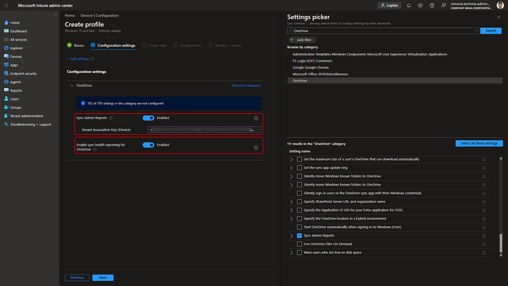Settings Catalog di Microsoft Intune con la configurazione del reporting per OneDrive Sync Health.