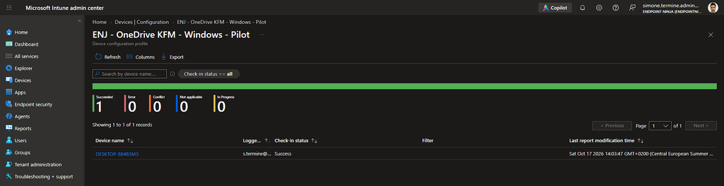 Controllo della distribuzione del profilo OneDrive Known Folder Move sul dispositivo pilota.