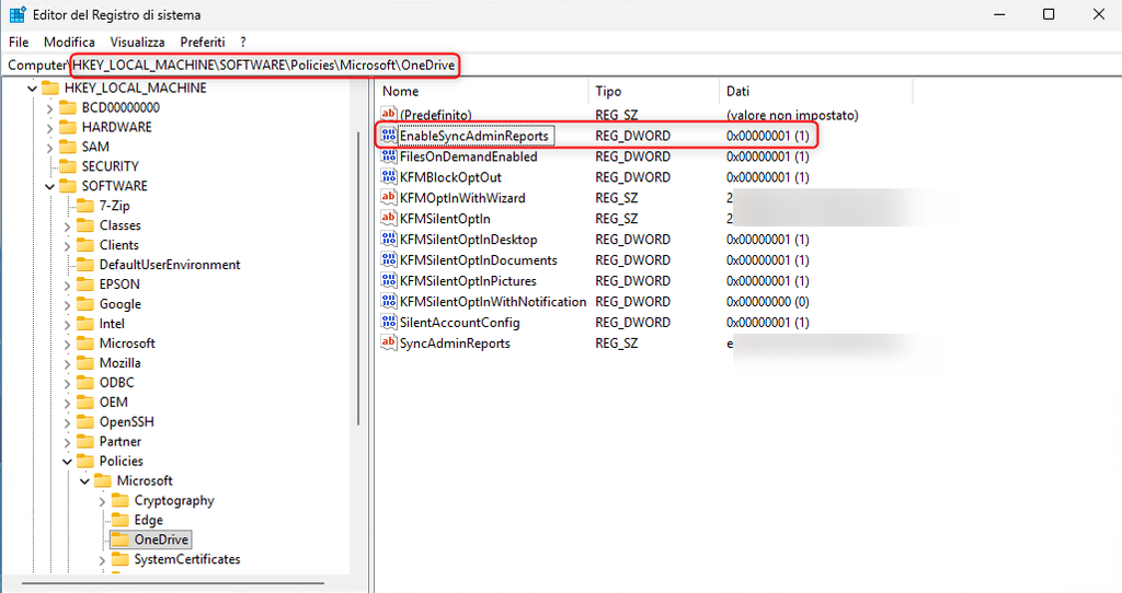 Controllo del valore EnableSyncAdminReports nel registro di Windows per il reporting OneDrive.