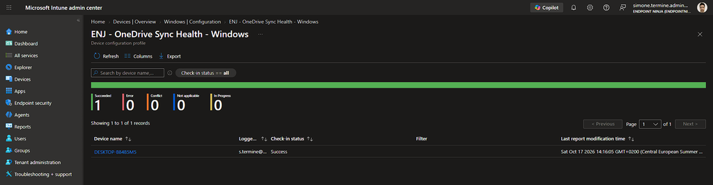 Assegnazione del profilo OneDrive Sync Health a un gruppo di dispositivi nel Microsoft Intune admin center.