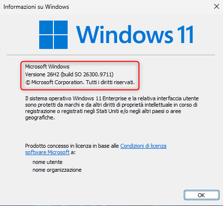 Finestra winver di Windows 11 26H2 con build 26300.9711 dopo l’aggiornamento di ottobre 2026