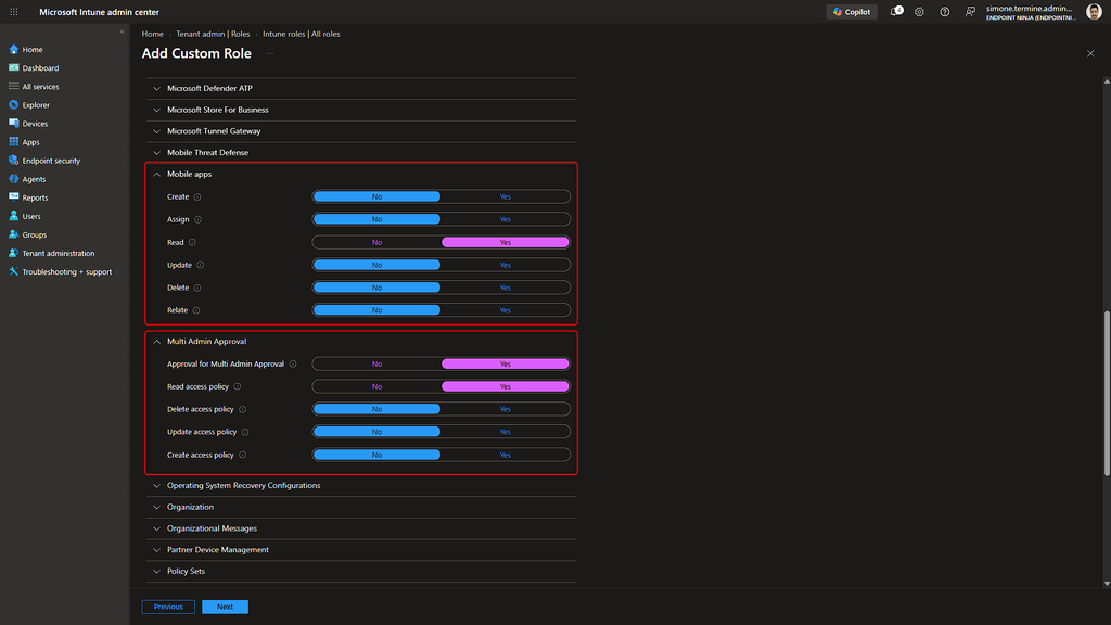 Configurazione del ruolo RBAC Intune per Multi Admin Approval con permessi di lettura sulle applicazioni e approvazione delle richieste