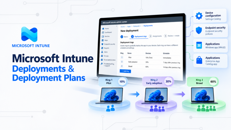 Microsoft Intune Deployments e Deployment Plans con rollout a ring per dispositivi Windows e supporto a Settings Catalog, Endpoint Security, app Win32 ed Enterprise App Catalog