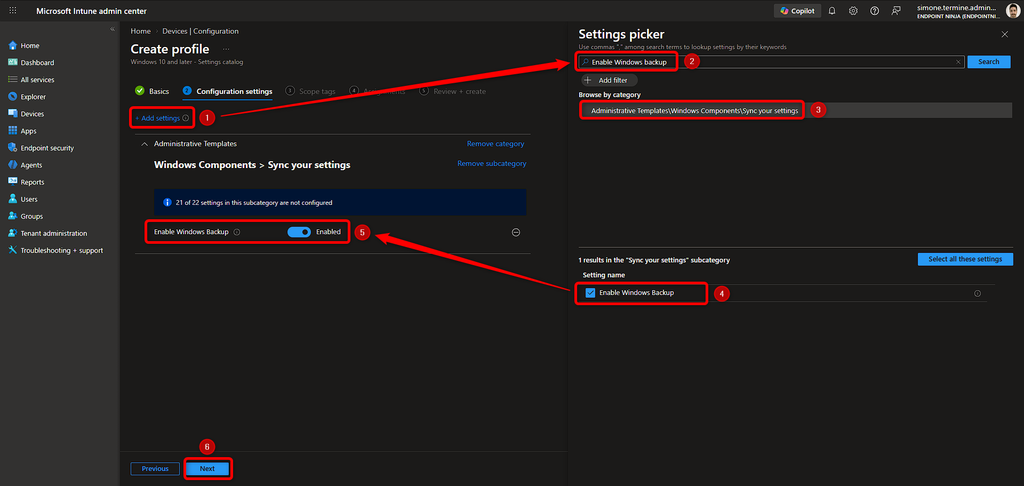Settings Catalog di Microsoft Intune con il criterio Enable Windows Backup selezionato.
