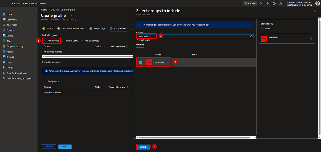 Schermata Assignments di Intune con il gruppo di dispositivi pilota assegnato alla policy Windows Backup.