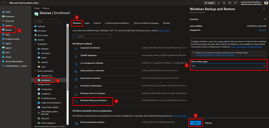 Microsoft Intune admin center con l’opzione Show restore page abilitata per il ripristino OOBE.