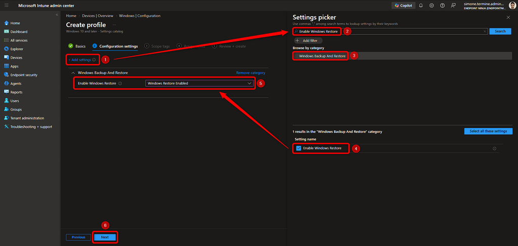 Settings Catalog di Microsoft Intune con il criterio Enable Windows Restore configurato.