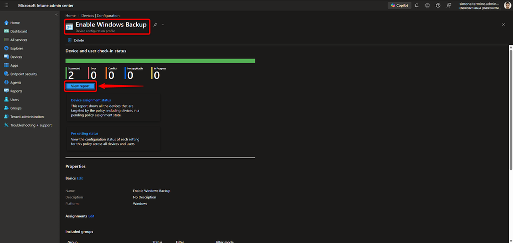 Pagina di Intune con lo stato di distribuzione della policy Windows Backup.