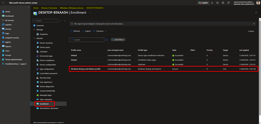 Sezione Enrollment del dispositivo Intune con i risultati di Windows Backup and Restore.
