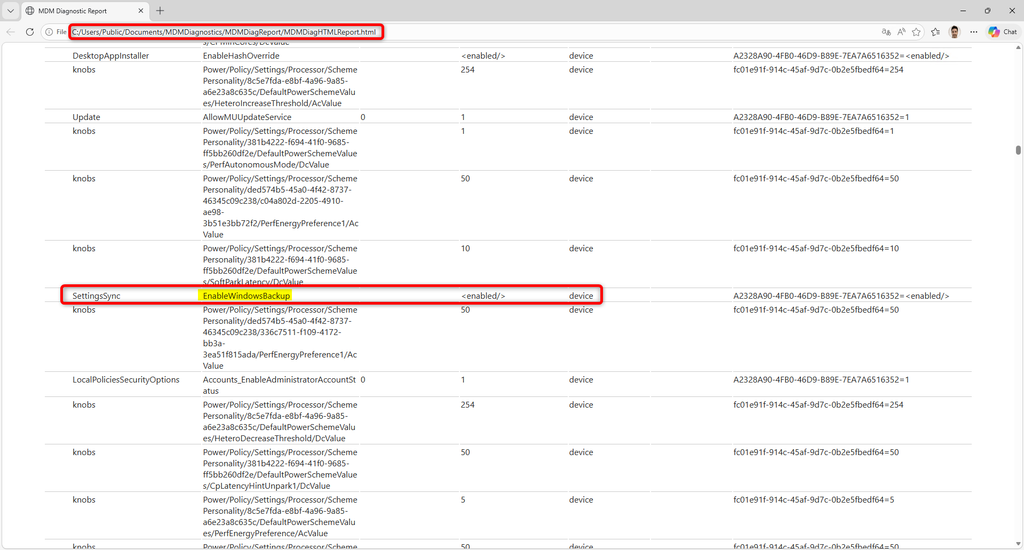 Report MDMDiagHTMLReport.html contenente i valori delle impostazioni MDM applicate.