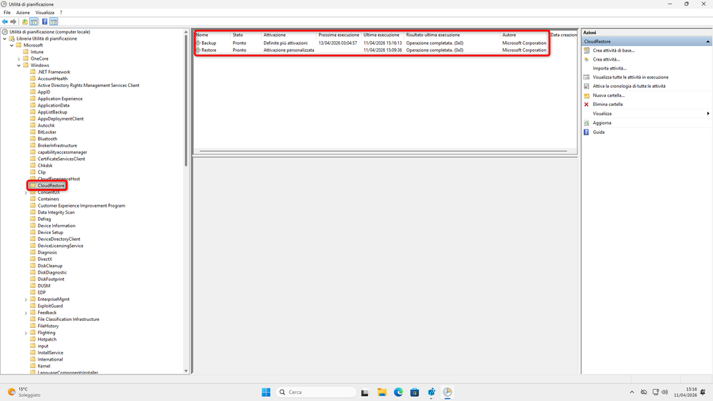 Utilità di pianificazione Windows con le attività Backup e Restore nella cartella CloudRestore.