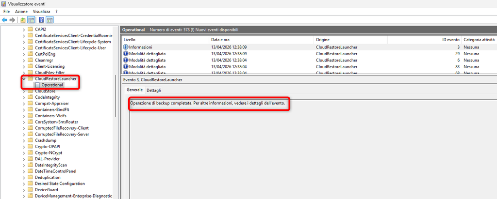 Visualizzatore eventi Windows con eventi Backup nel registro CloudRestoreLauncher Operational.