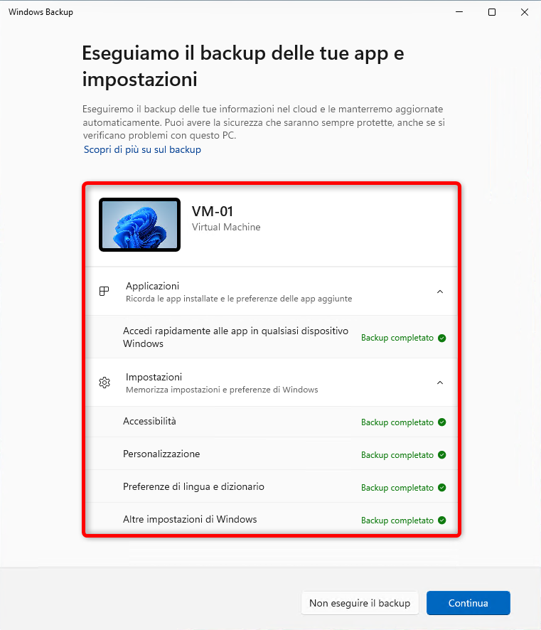 App Windows Backup con le categorie di impostazioni e applicazioni disponibili per il backup.