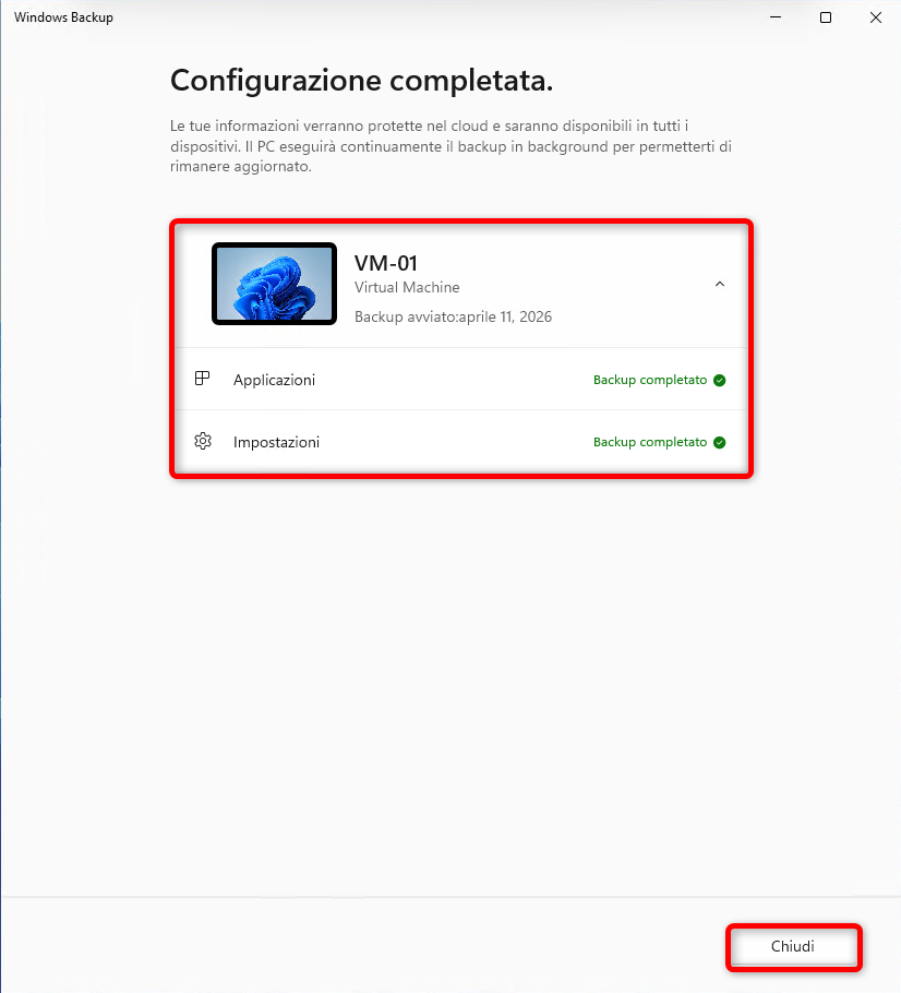 App Windows Backup con conferma di completamento del backup manuale.
