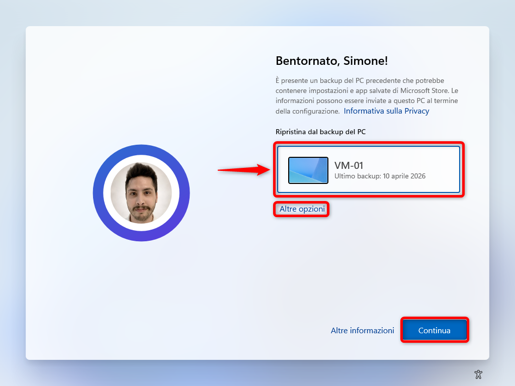 Schermata Windows Restore durante OOBE con un profilo di backup selezionabile.