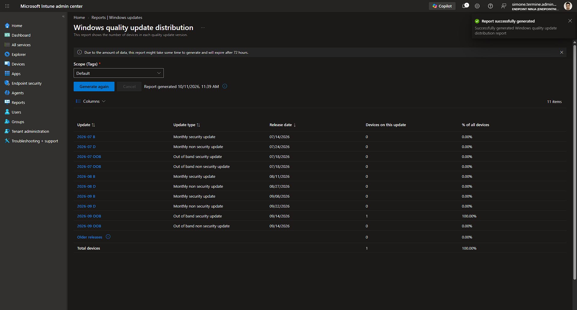 Report Windows Update Distribution di Microsoft Intune con gli aggiornamenti qualitativi installati sui dispositivi Windows gestiti