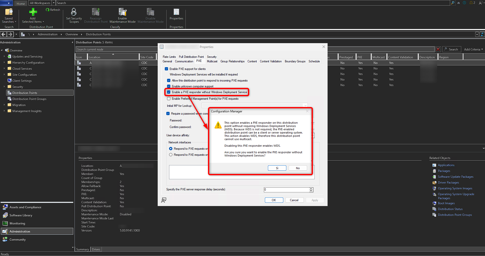 Scheda PXE delle proprietà di un Distribution Point di Configuration Manager con l'opzione Enable a PXE responder without Windows Deployment Service