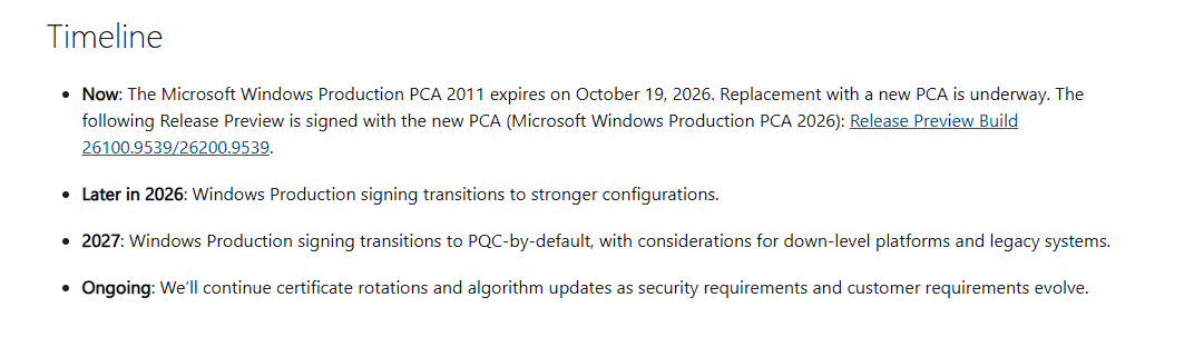 Timeline della KB5125813 con la scadenza della Windows Production PCA 2011, la nuova PCA 2026 e la transizione verso la crittografia post-quantistica